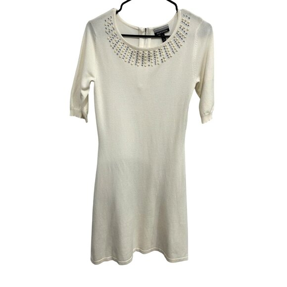 Allison Brittney White Short Sleeve Knit Dress Rhinestone Pearl Embellished Neck - Picture 1 of 8